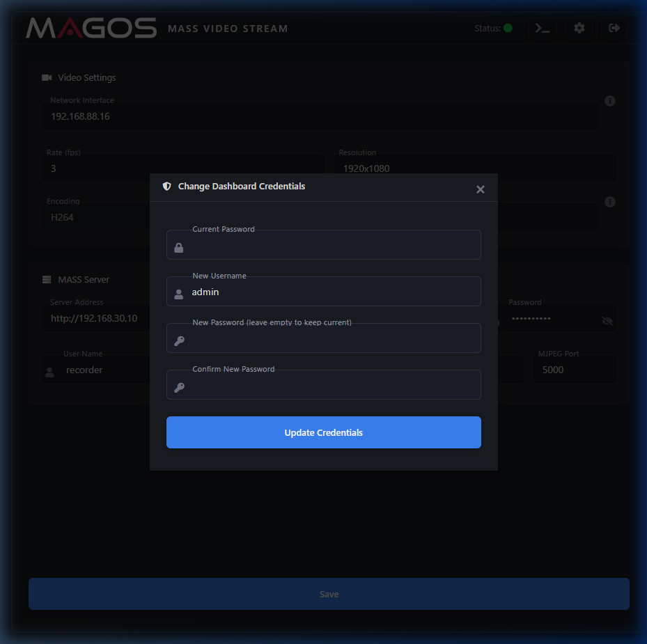 Change Dashboard Credentials dialog