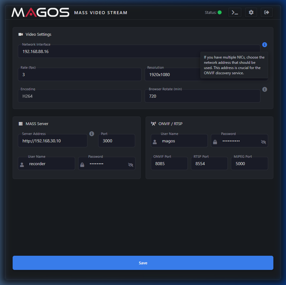 Video Settings card